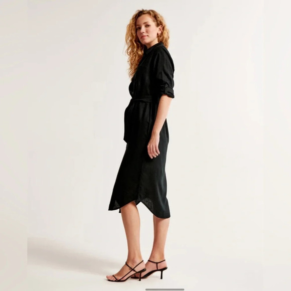 NWT Abercrombie & Fitch Linen-Blend Midi Shirt Dress in Black Size Medium Petite - Picture 4 of 9